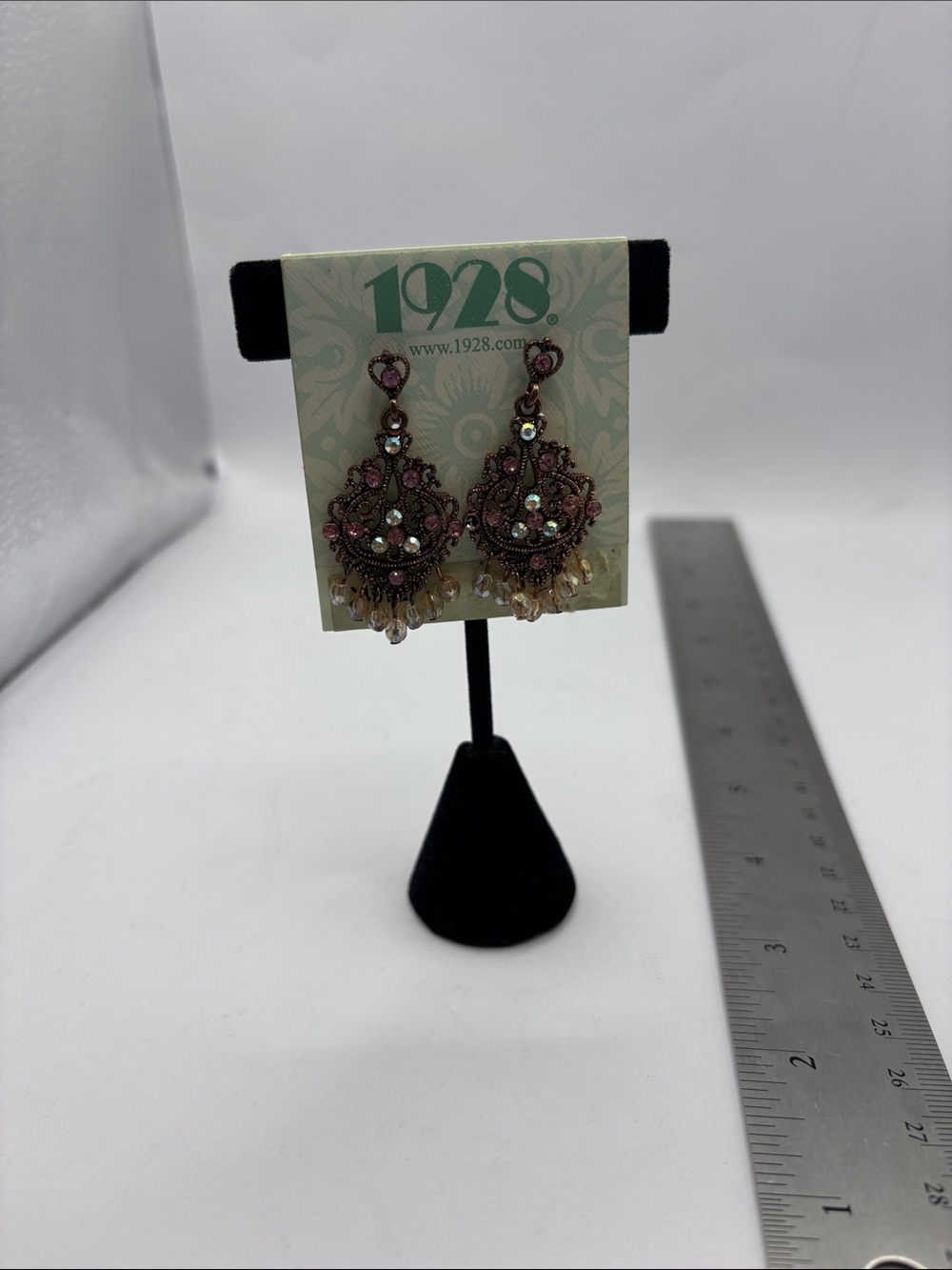 1928 Pink and Gold Filigree Drop Earrings with Crystal Accents
